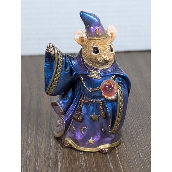 VTG Windstone Editions MOUSE WIZARD Figurine Peacock Colors Pena 1997 Glass Orb - Picture 1 of 7